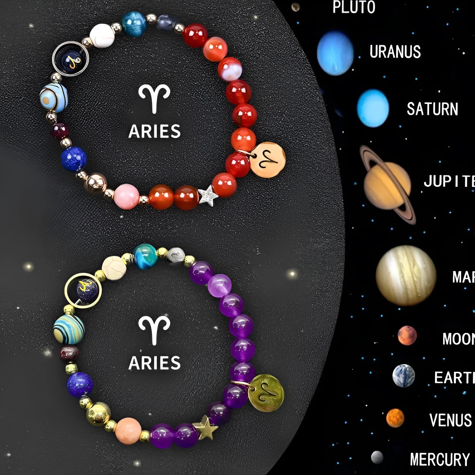 Natural stone beaded bracelets with zodiac charms for all twelve astrological signs