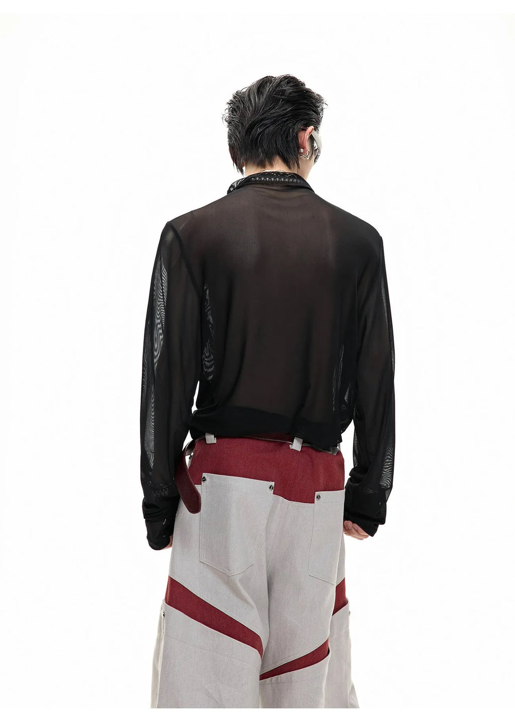 Black slim fit men's shirt with ice-feeling mesh panels and long sleeves on a white background.