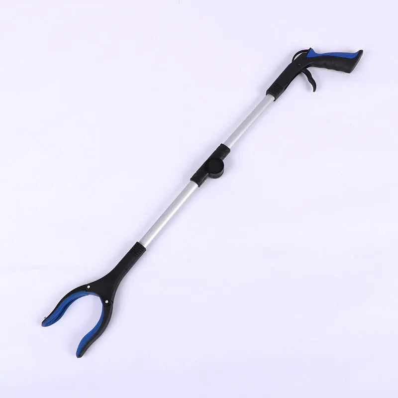 Foldable aluminium garbage clamp with magnet sucker extended to 80cm, showing blue handle option.