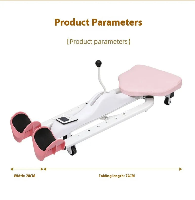 Pink and blue leg stretching hip opener fitness equipment with steel frame and foam padding