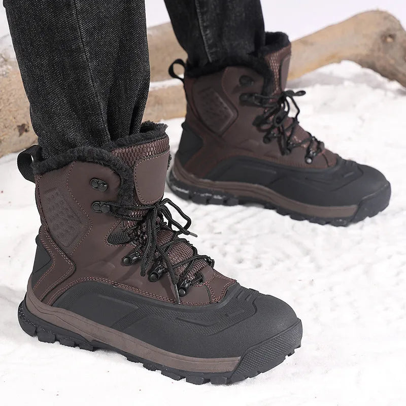 Men's black high-top boots with fleece lining and lace-up front closure