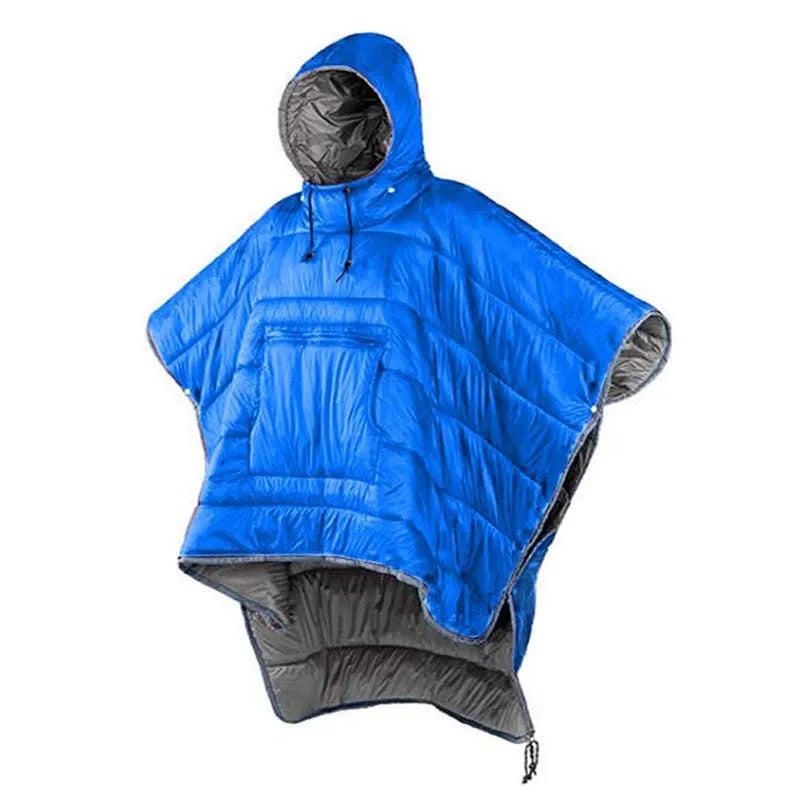 Outdoor cloak sleeping bag wearable as cape shawl with 200x140cm dimensions and hollow cotton filling