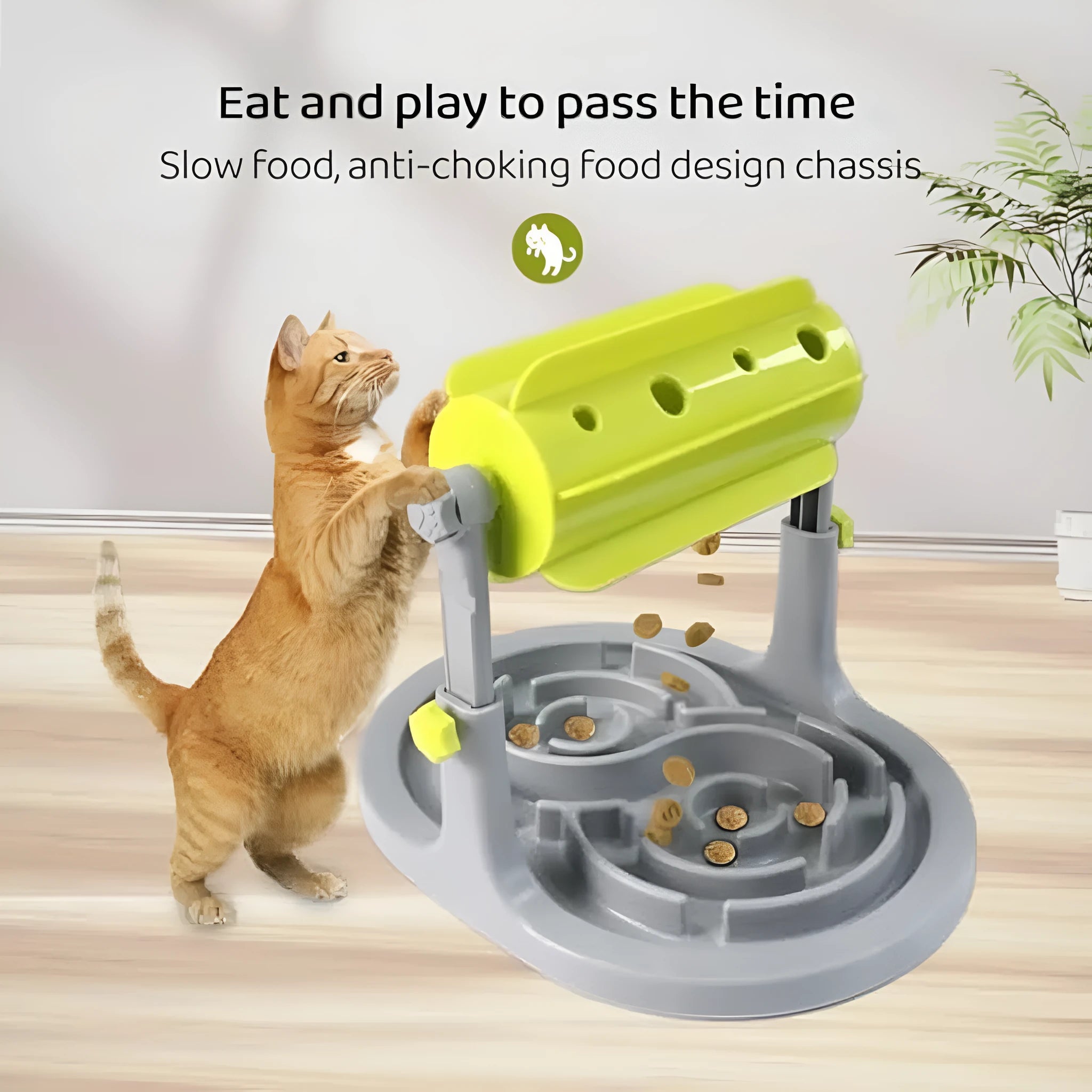 Blue interactive pet puzzle feeder bowl with adjustable height and raised food tray patterns