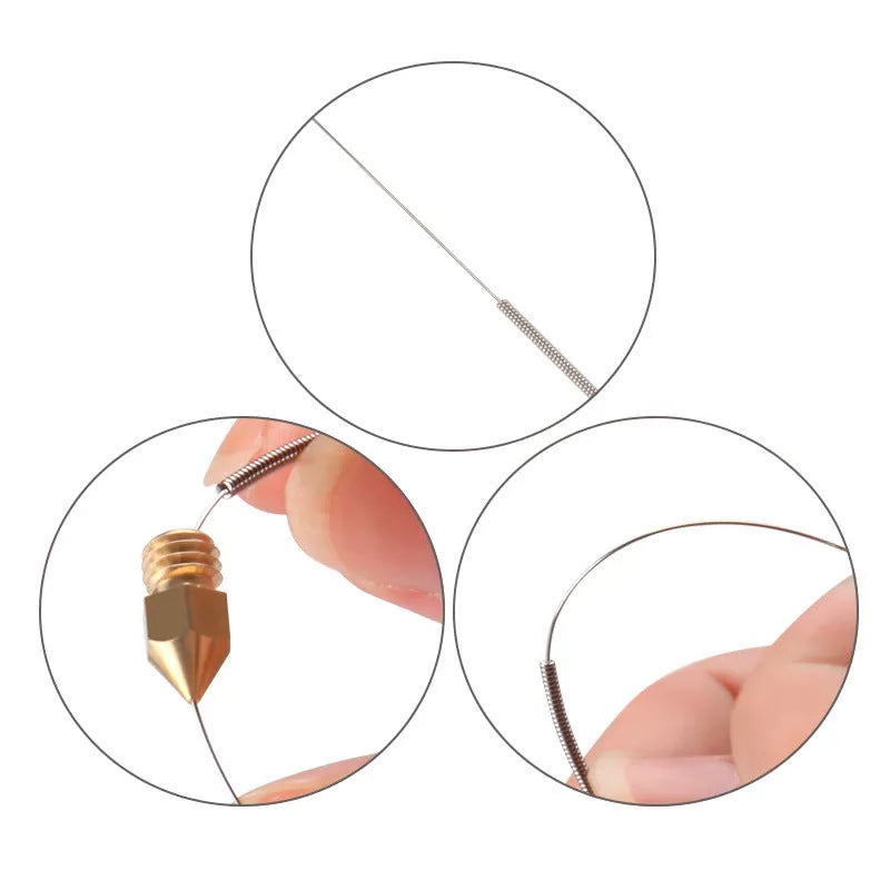 Ten metal cleaning needles for unblocking E3D and Mk8 3D printer nozzles, shown with size options.