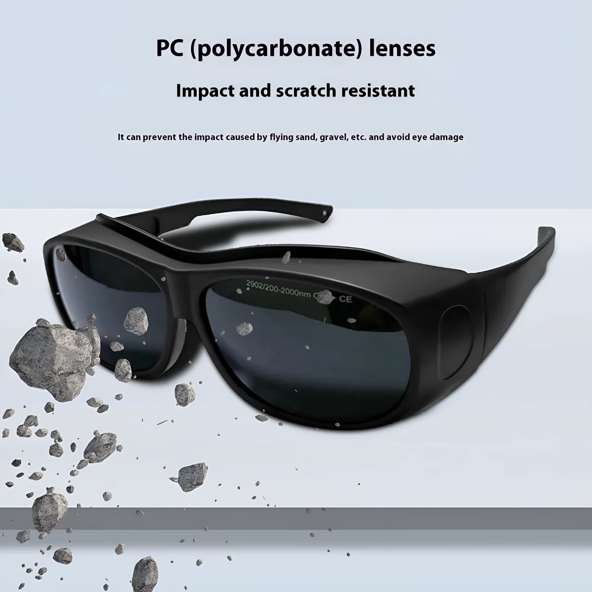 Pair of clear laser safety goggles for 200-2000nm protection with a cleaning cloth.