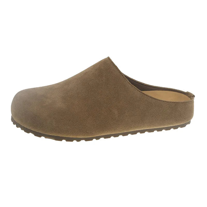Korean style square toe outdoor slippers in apricot colour with microfiber upper and PU sole