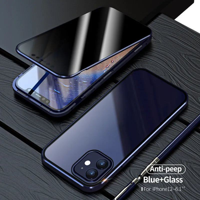 Black magnetic privacy glass phone case with anti-spy screen for iPhone on a table