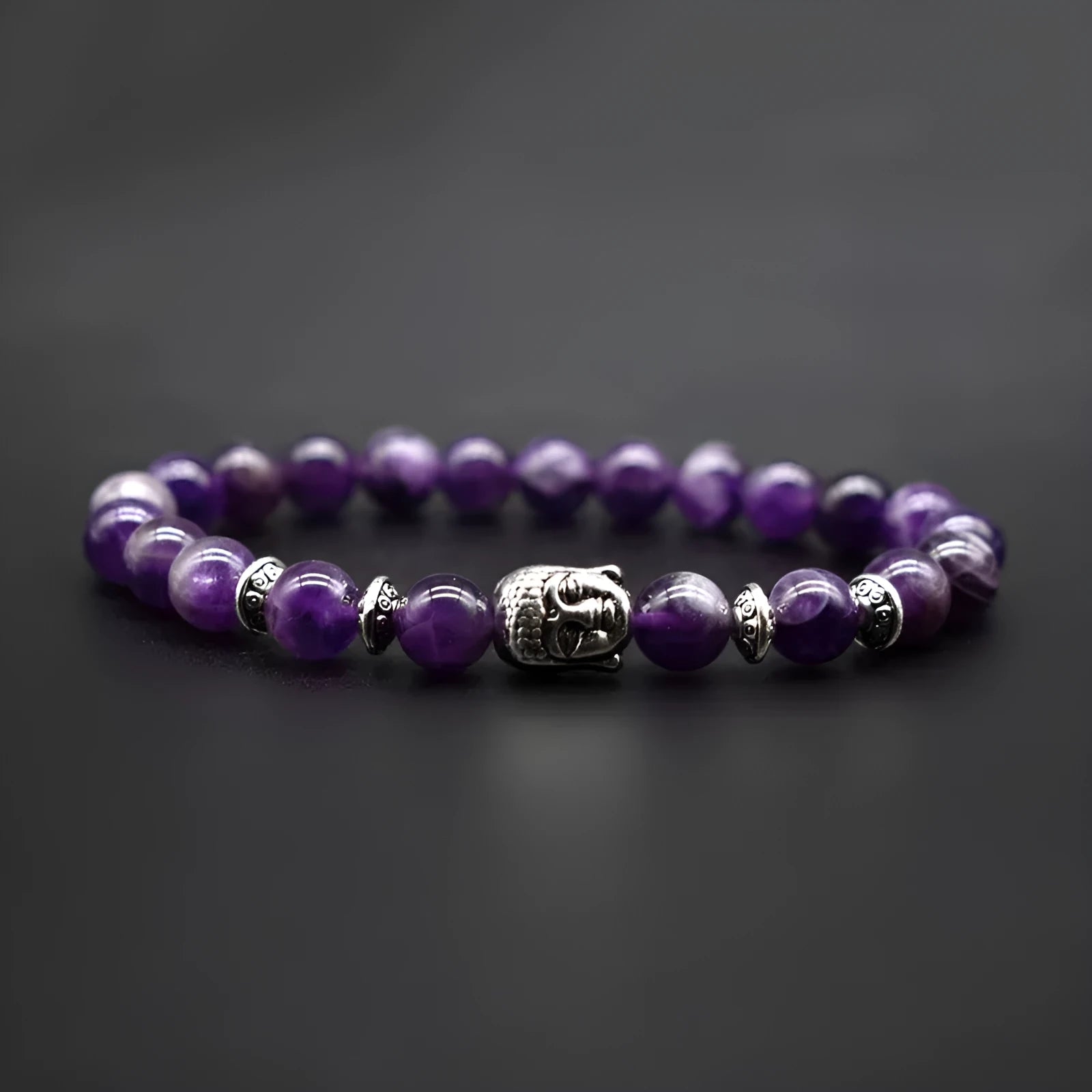 Buddha head bracelet with 19mm stone beads in five colour options including amethyst and tiger eye