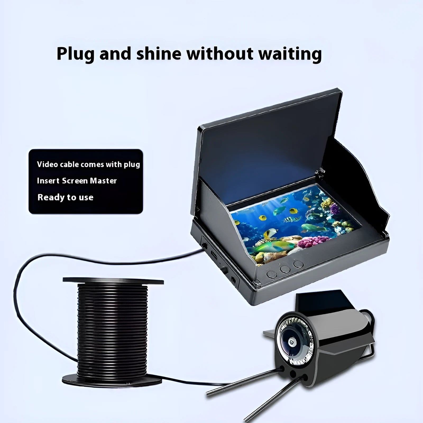 Fish finder underwater camera system with 4.3-inch display screen, camera unit, and cable on a blue background.