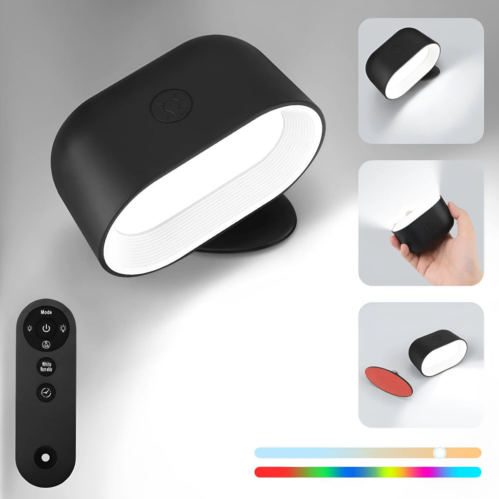 Oval white remote touch magnetic wall lamp with colour-changing LEDs on a wall