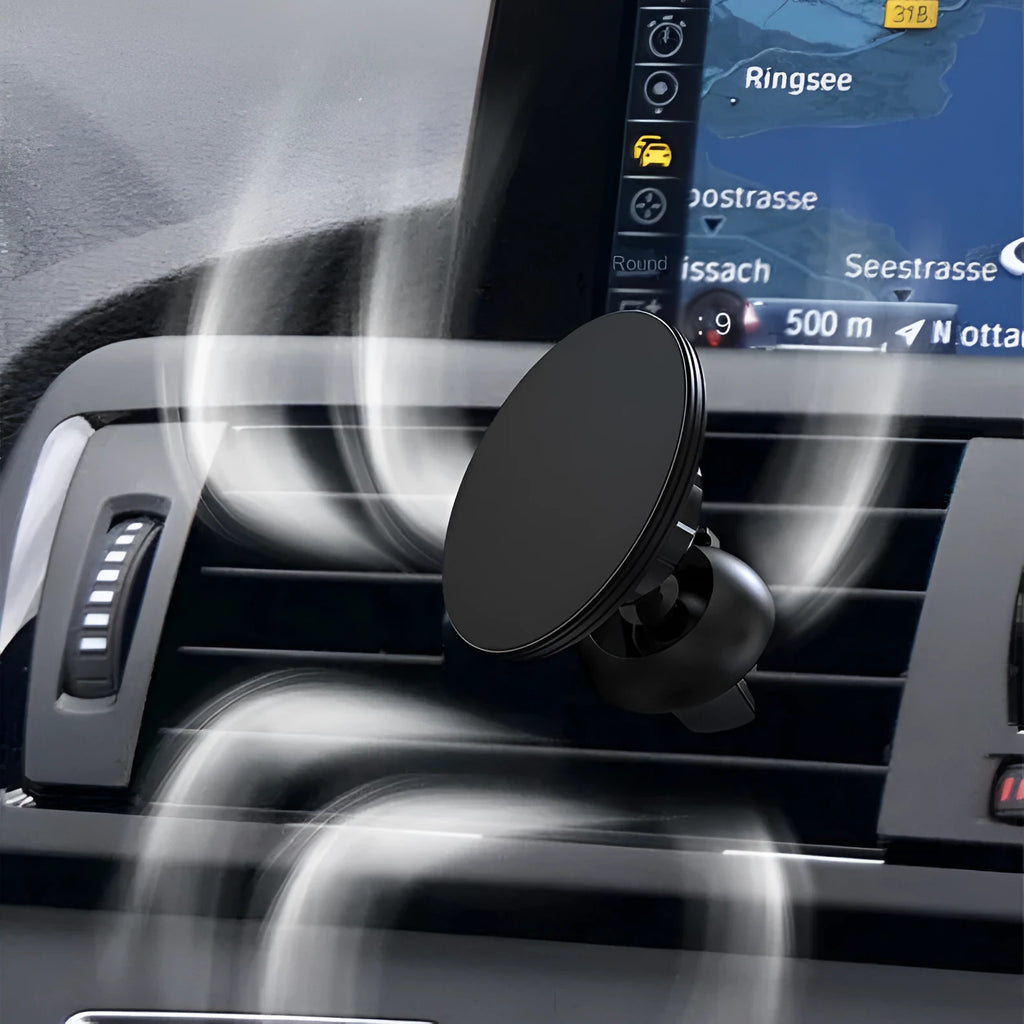 Matte black magnetic car phone holder with suction cup mounted on a car air vent.