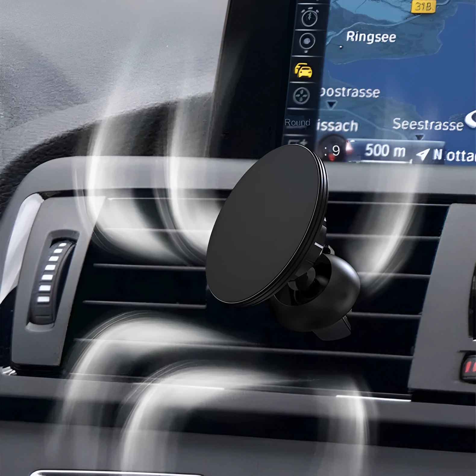 Matte black magnetic car phone holder with suction cup mounted on a car air vent.