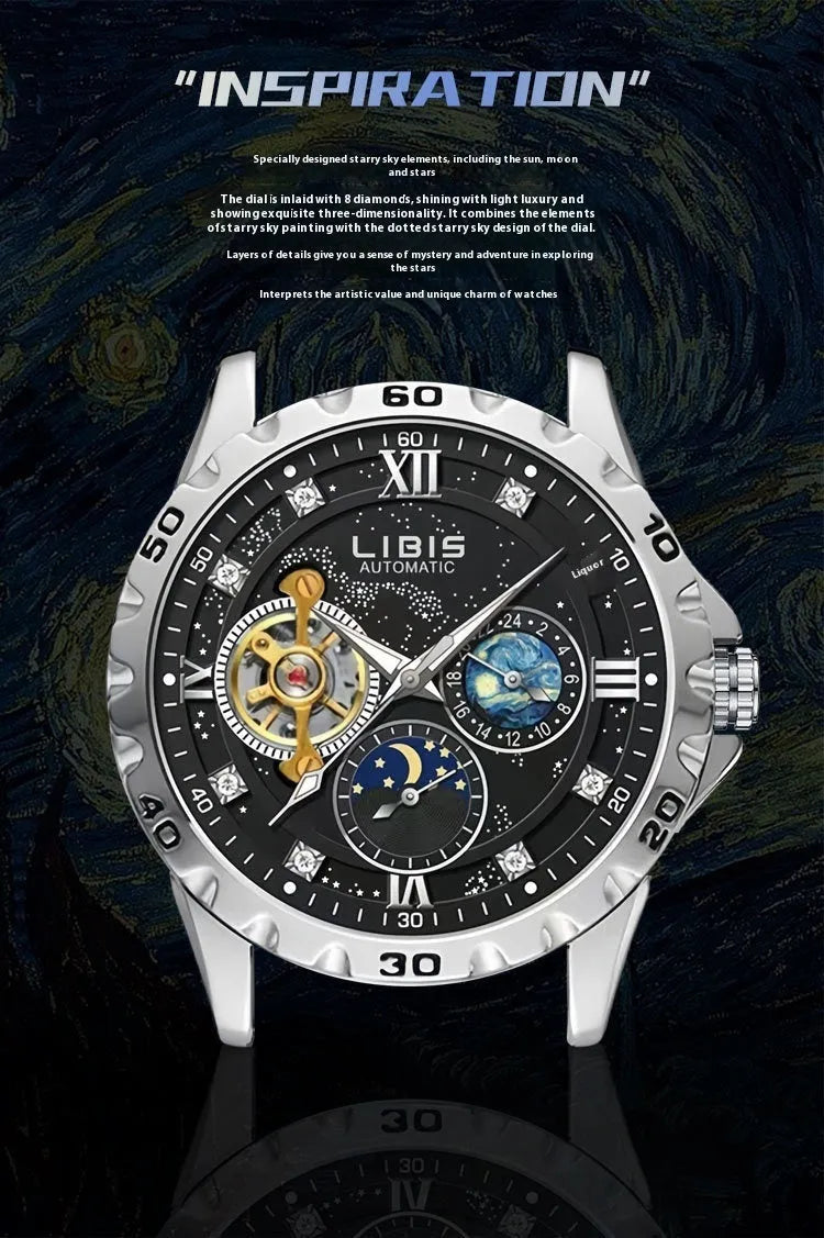 Men's silver case automatic mechanical watch with black starry luminous dial and leather strap.