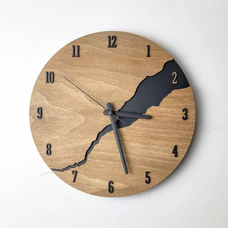 Simple wooden wall clock with creative cracked finish design in modern style