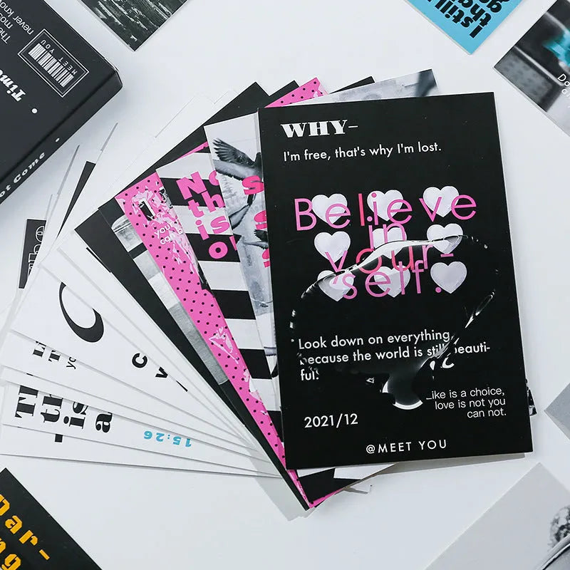 Boxed set of two fresh style printed postcards with messages 'Time Not Arrived' and 'Warm Wind Not Exhausted'.