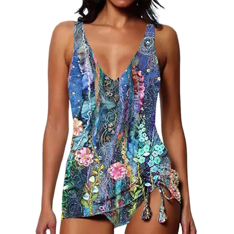 Women's printed triangle bikini top and separate shorts forming a split swimsuit set.