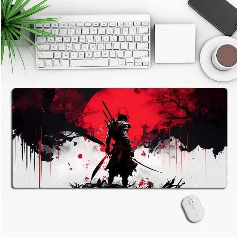 Large black gaming mouse pad with colourful anime character graphic on a desk with keyboard and mouse.