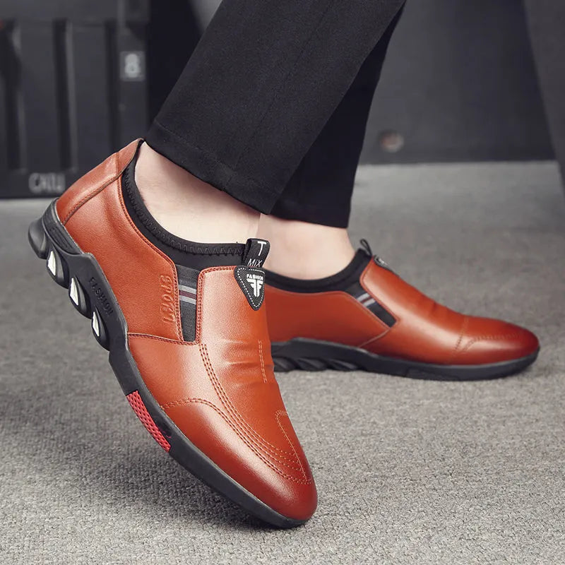 Men's black and brown PU leather business shoes with flat soles in lace and slip-on styles