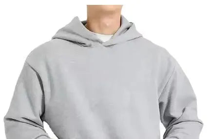 Men's grey fleece-lined cotton hoodie sweater with a wool lining and pullover design.
