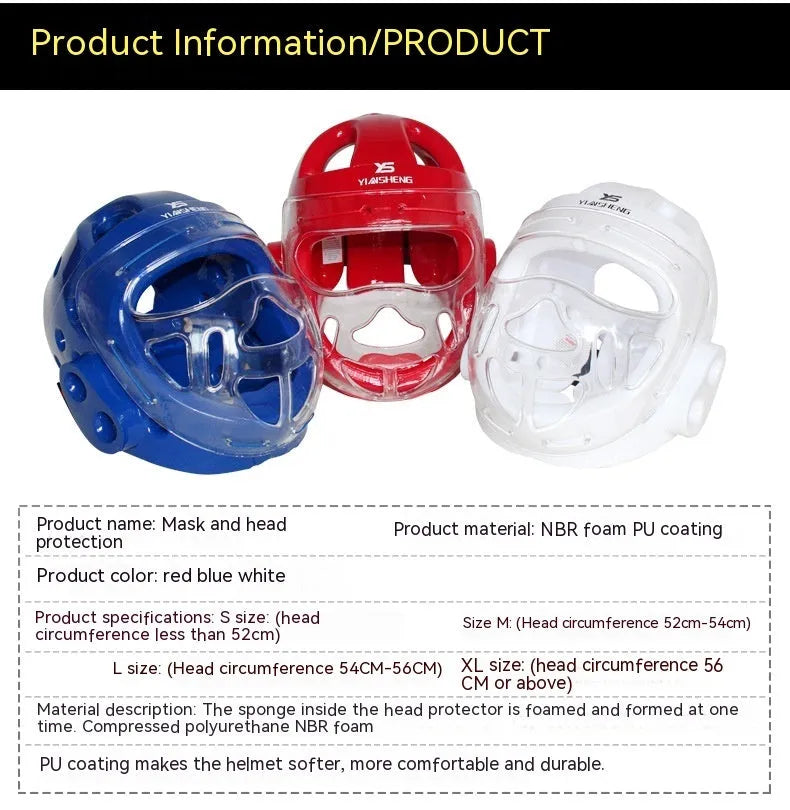 Karate helmet for boxing head protection in blue, red, or white colours available in multiple sizes