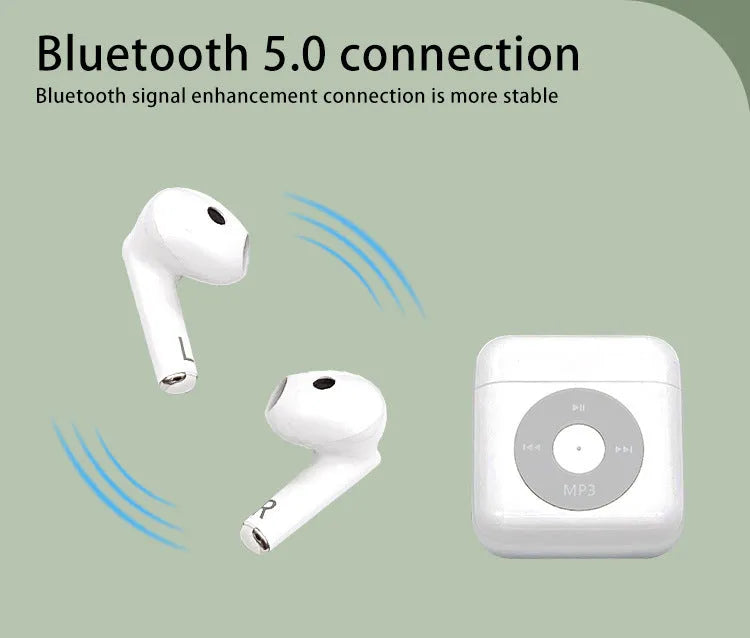 White wireless Bluetooth earphones with a charging case on a white background.
