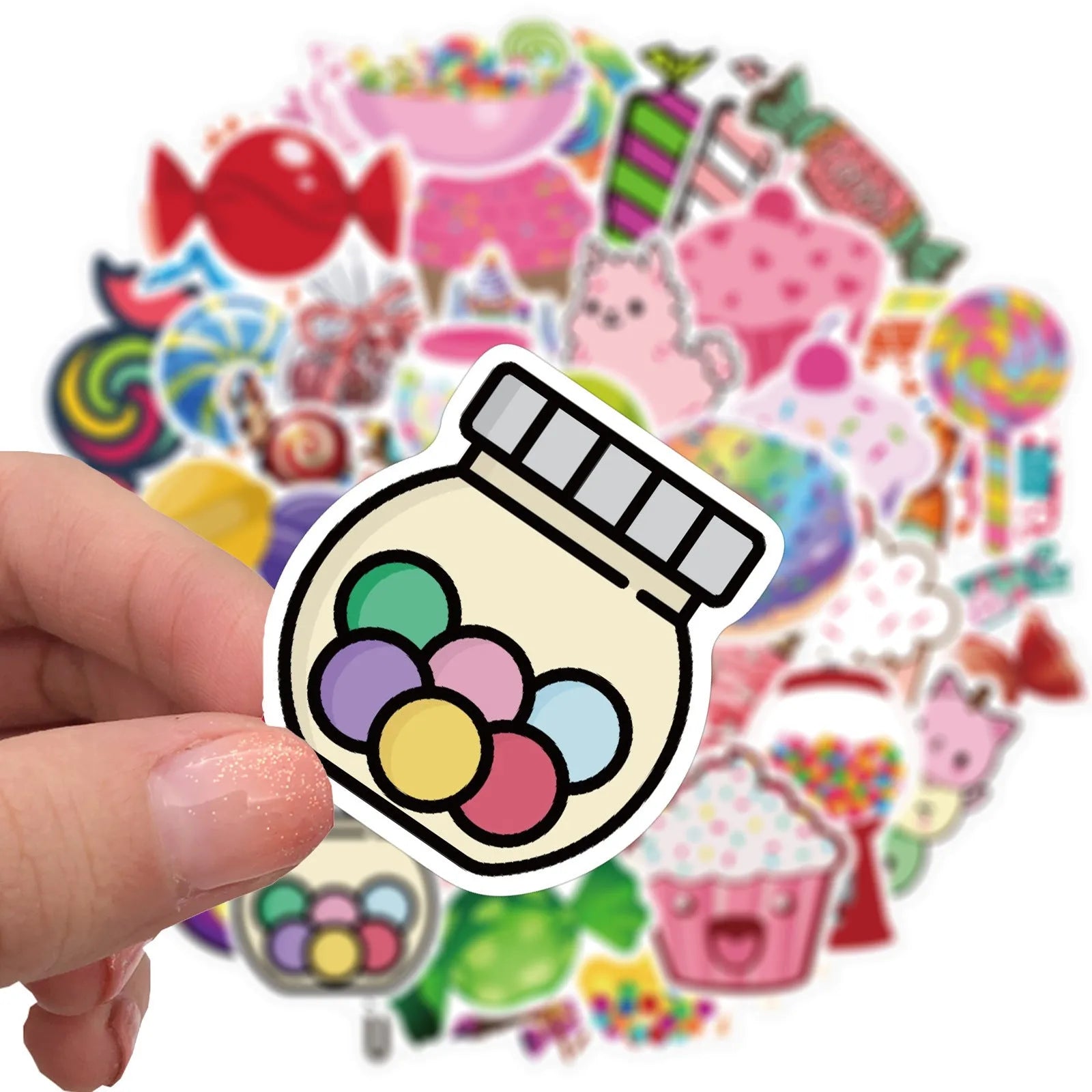 Pack of 50 colourful candy graffiti cartoon stickers measuring 4-6cm.