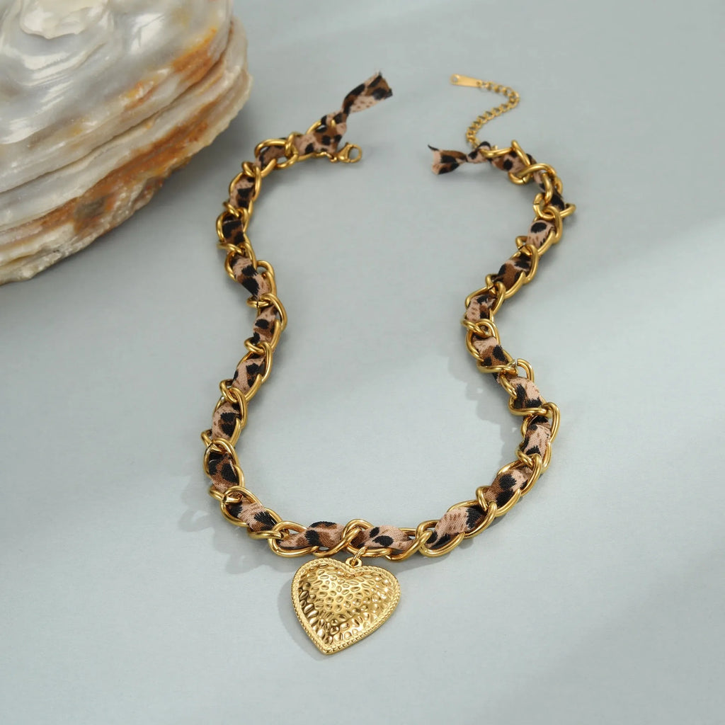 Geometric leopard love pendant necklace on stainless steel chain with 18K electroplating