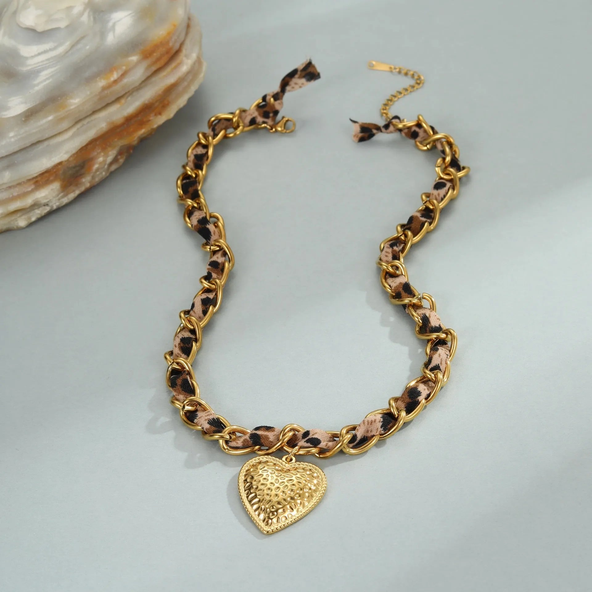 Geometric leopard love pendant necklace on stainless steel chain with 18K electroplating