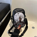 Halloween graffiti print crossbody bag with pumpkin ghost bat designs in black colour