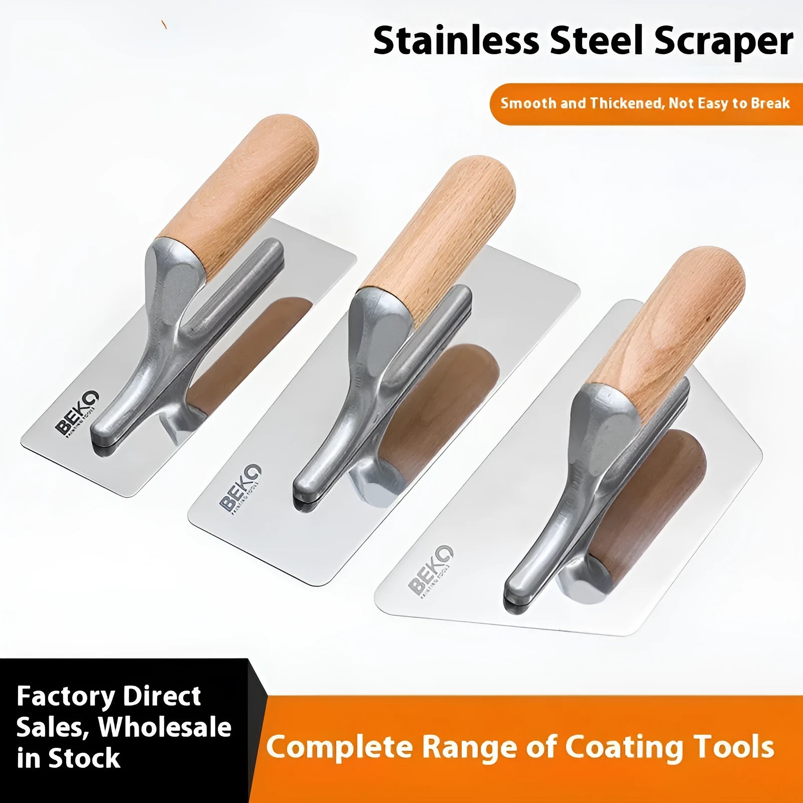 Stainless steel putty scraper with wooden handle in three different blade sizes for floor and wall work