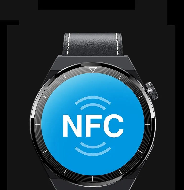 Round screen smartwatch with silicone strap showing Bluetooth and NFC functionality
