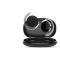 Black and white wireless Bluetooth sports earphones with in-ear design for secure fit.