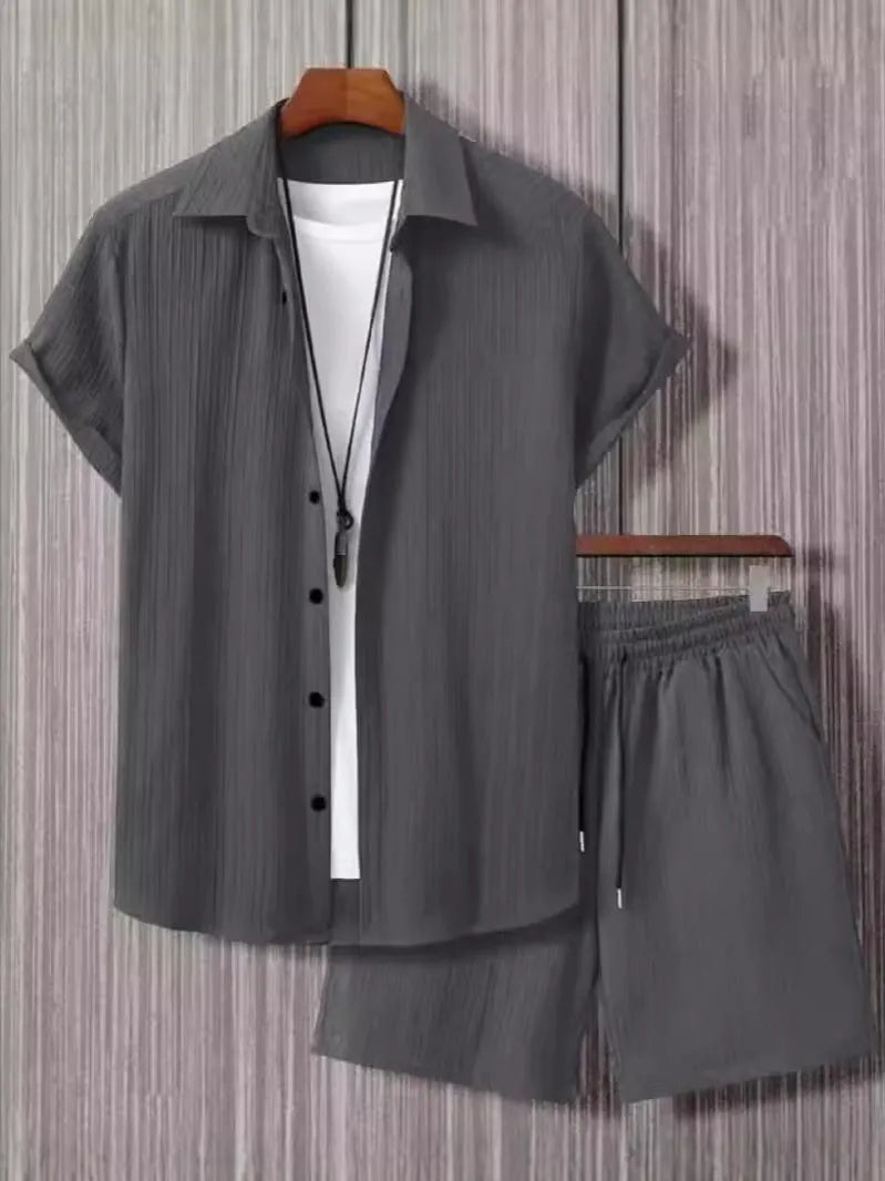 Men's Jacquard polyester blend short sleeve suit with matching shorts in solid colour