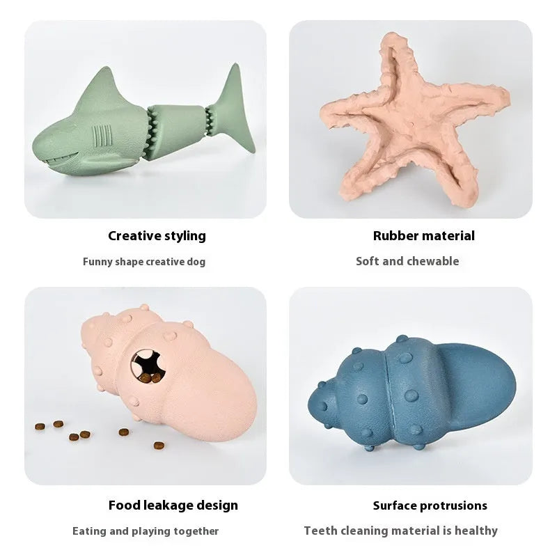 Blue and green rubber dog toys shaped as a shark, a conch, and a starfish on a white background.