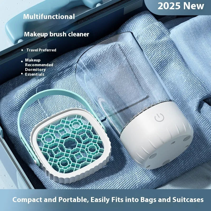 White rechargeable electric makeup brush cleaning tool with USB cable.