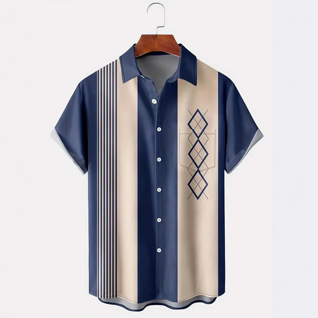 Man wearing loose-fitting short-sleeve plaid cardigan with contrast colours and lapel design