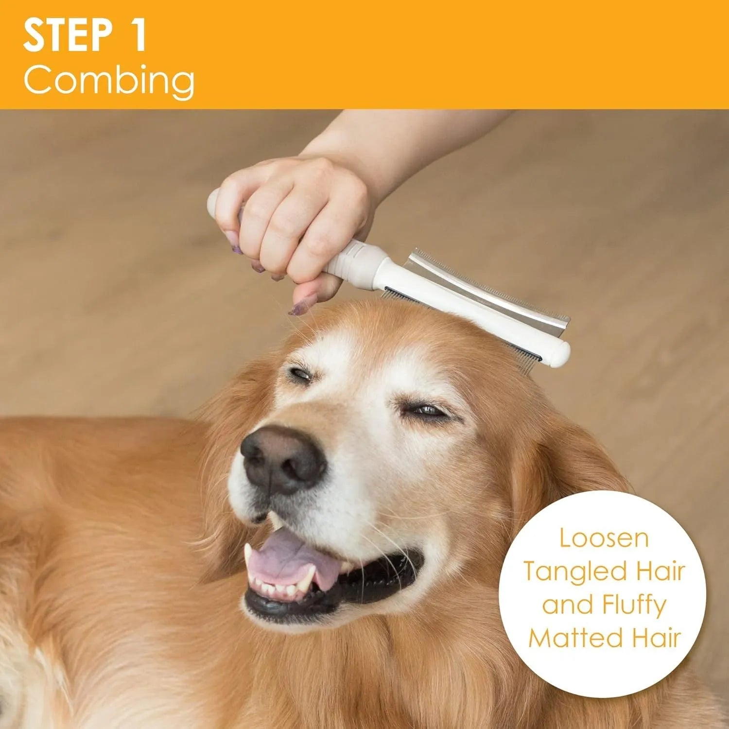 White double-sided pet grooming brush with curved comb and deshedding brush functions