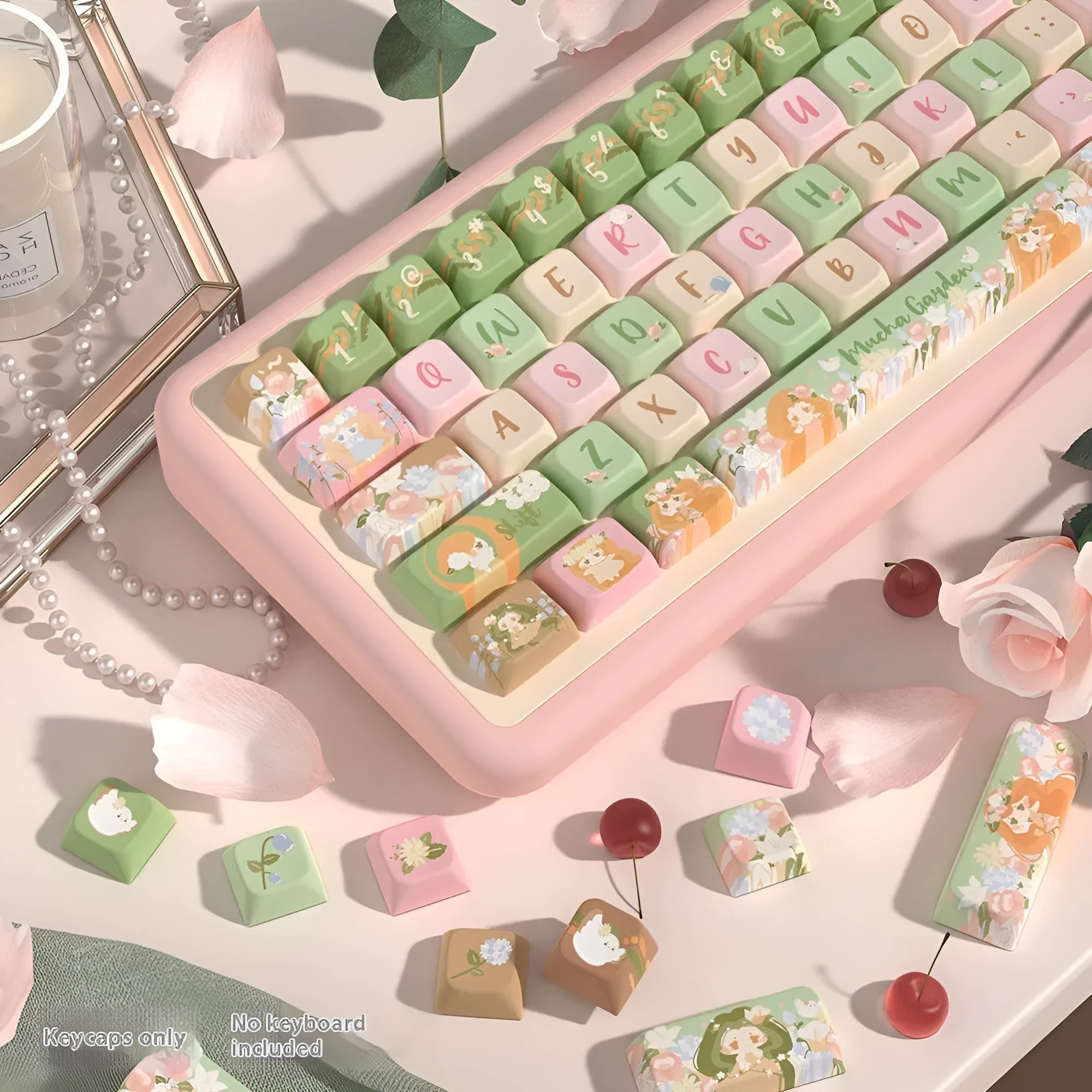 Mu Xia Garden Summer Garden theme custom mechanical keyboard keycaps set, showing sublimation printing.