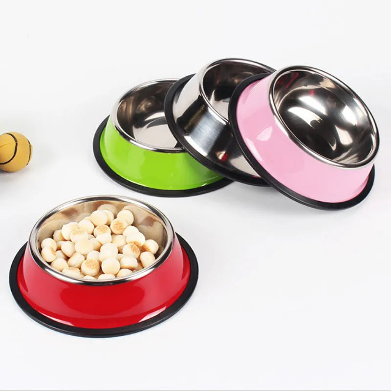 Stainless steel pet feeding bowl with colourful melamine exterior and non-slip rubber base