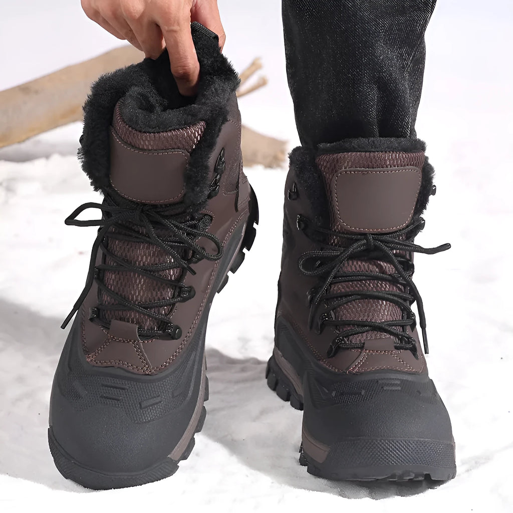 Men's black high-top boots with fleece lining and lace-up front closure