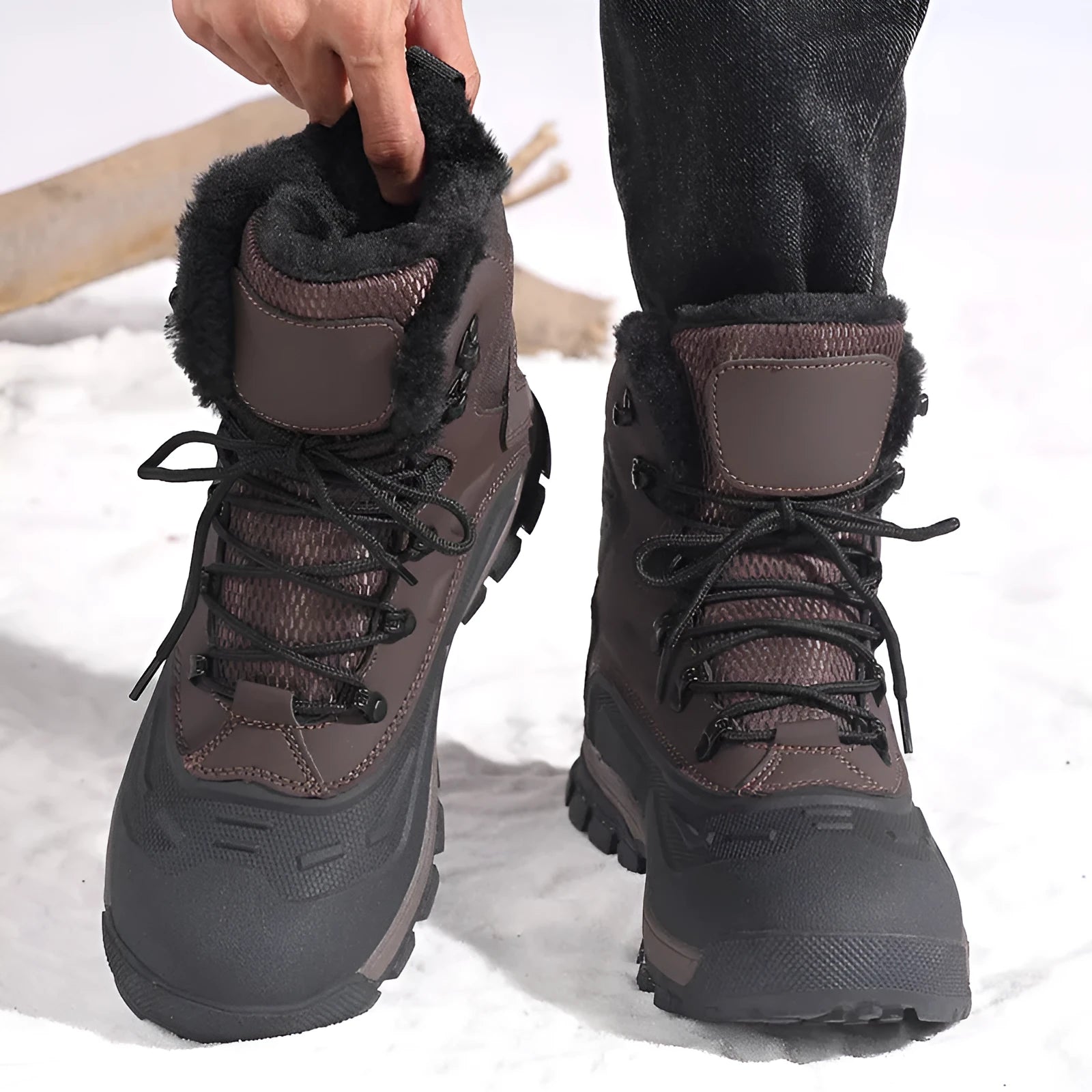 Men's black high-top boots with fleece lining and lace-up front closure