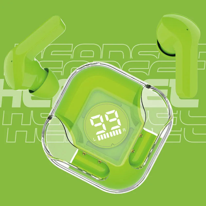 Transparent plastic TWS Bluetooth earbuds in five colours with 15-metre wireless range