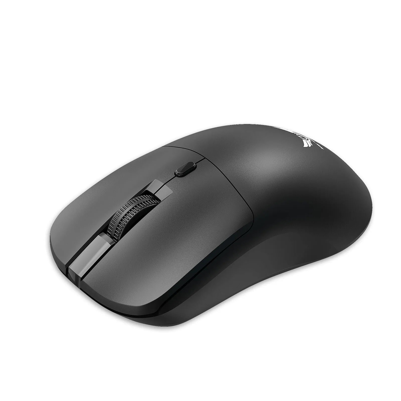 Black wireless mouse with three audio control buttons for laptop use