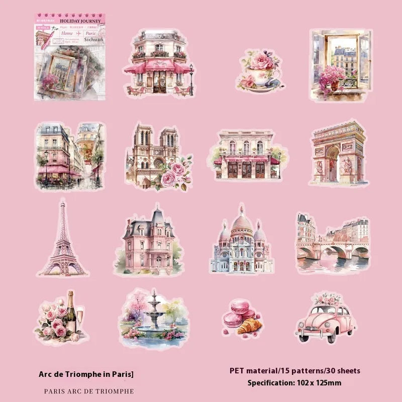 Retro architecture journal sticker set showing seven global landmark designs including Paris Arc de Triomphe and London Big Ben
