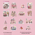 Retro architecture journal sticker set showing seven global landmark designs including Paris Arc de Triomphe and London Big Ben
