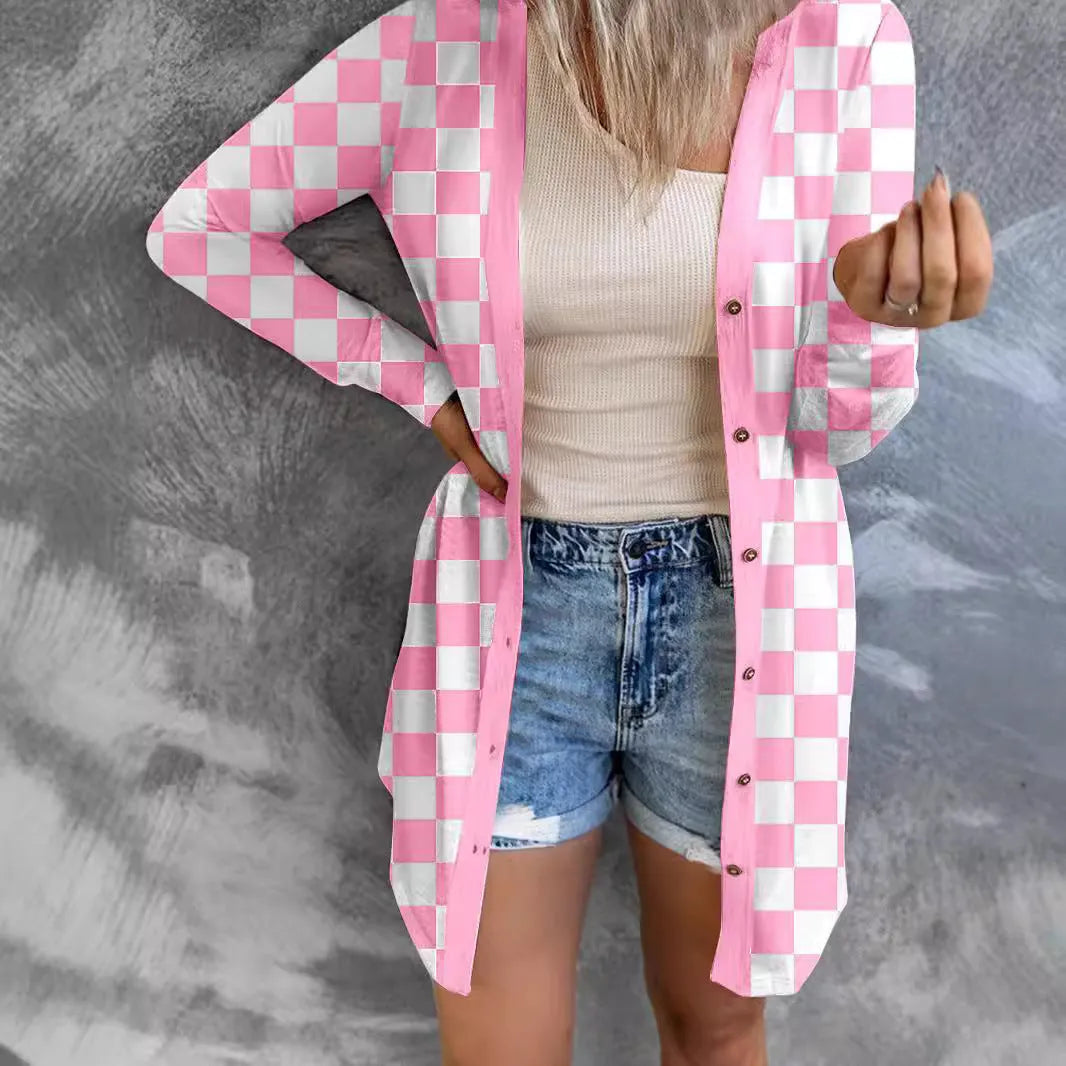 Long grey plaid cardigan coat with loose knit and regular sleeves on a model.