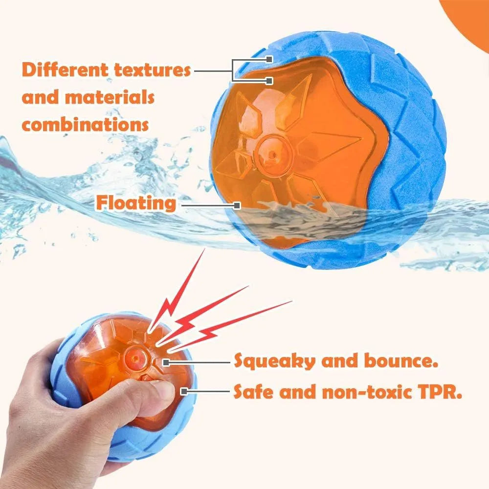 TPR dog toy set with ball, barbell, and tires floating in water