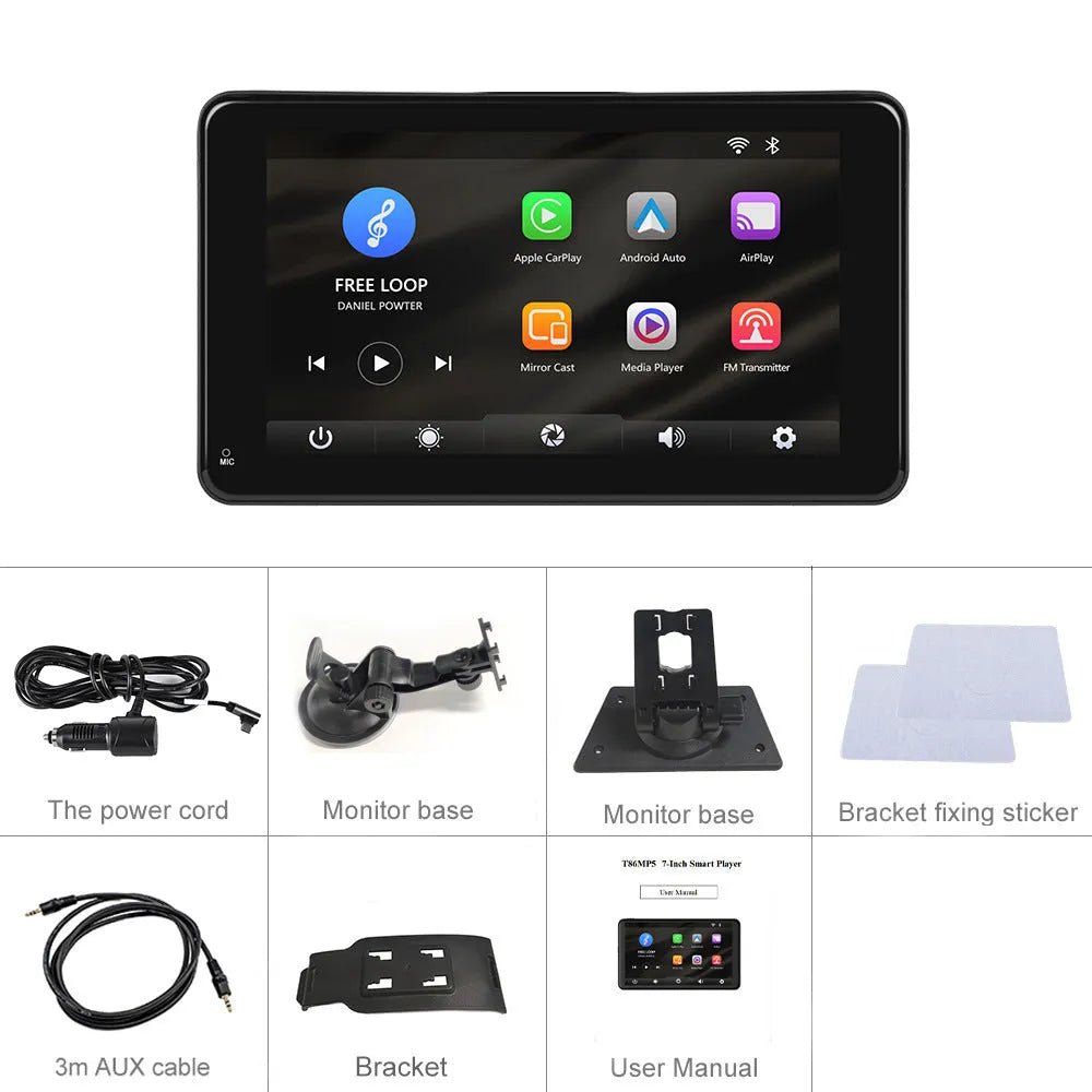 7-inch HD wired band wireless player with screen displaying interface, includes vertical and suction cup mounting supports