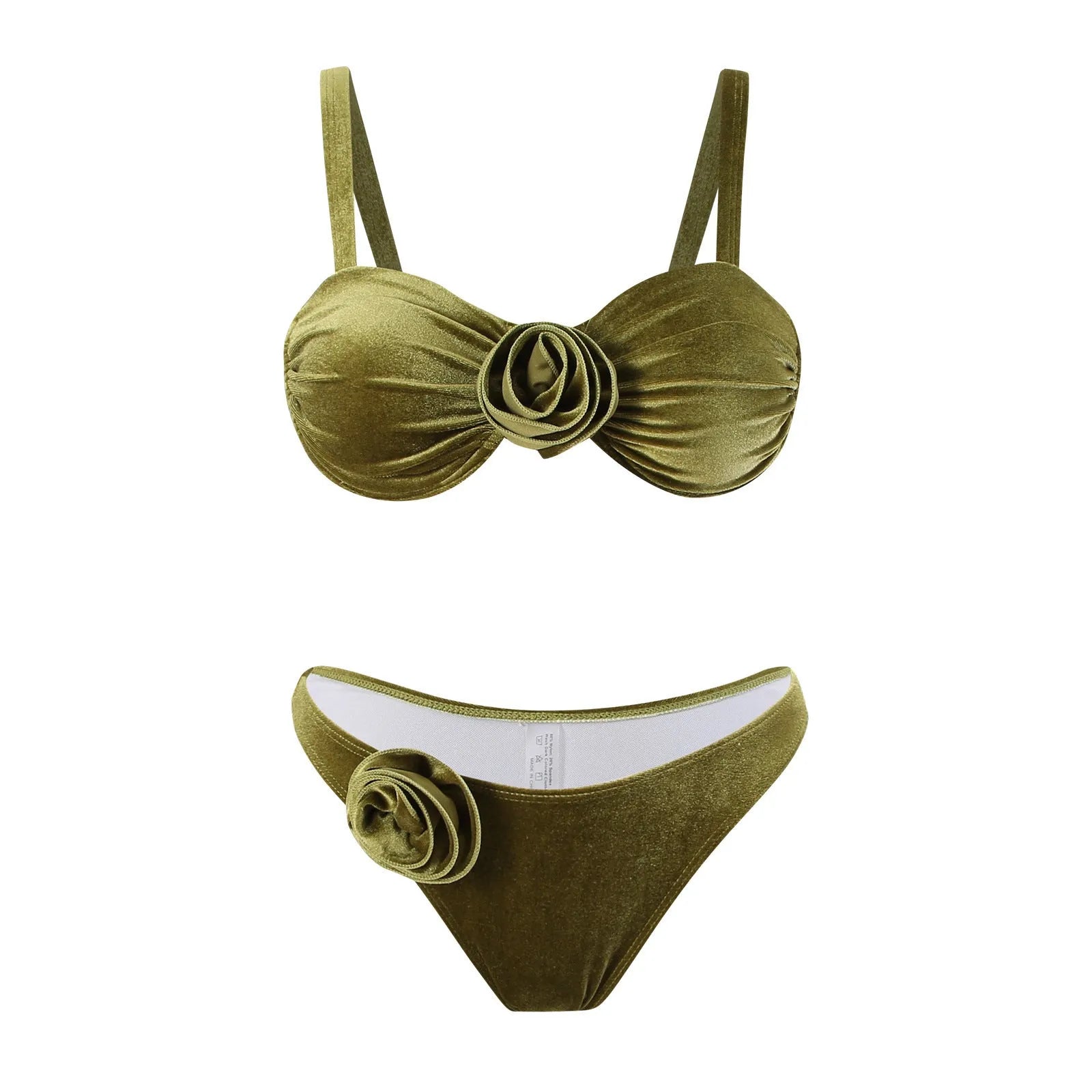Green women's swimsuit with 3D floral pattern and high elasticity brief style