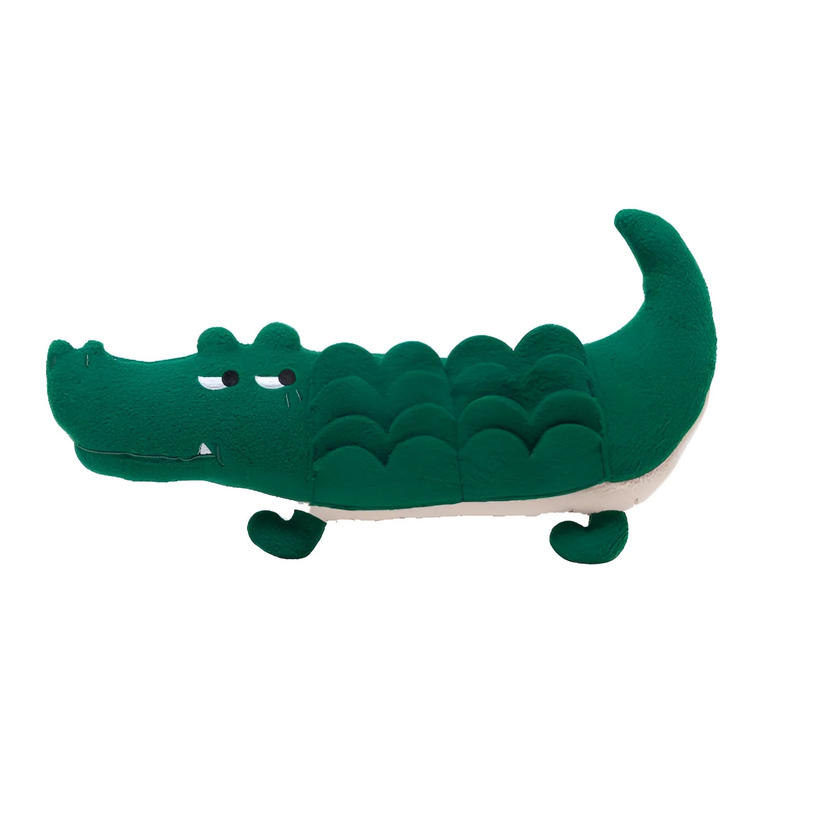 Green soft plush dog toy on a white background, showing its size and texture.